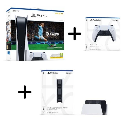 PS5 CONSOLE 825GB STANDARD + FC 24 + FUT VCH EU + PS5 Base di ricarica DualSense + PS5 DUALSENSE WHITE EU PS5 CONSOLE 825GB STANDARD + FC 24 + FUT VCH EU + PS5 Base di ricarica DualSense + PS5 DUALSENSE WHITE EU