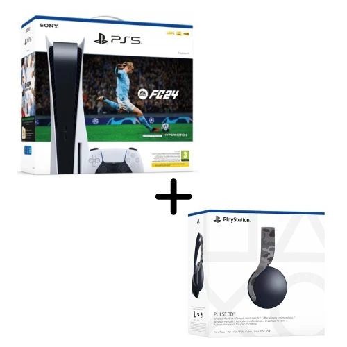 PS5 CONSOLE 825GB STANDARD + FC 24 + FUT VCH EU + PS5 Cuffie Wireless PULSE 3D GREY CAMO PS5 CONSOLE 825GB STANDARD + FC 24 + FUT VCH EU + PS5 Cuffie Wireless PULSE 3D GREY CAMO